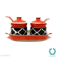 Pickle Jar| Achar Barni with Lid Spoon and Tray - Red